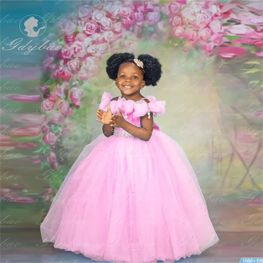 Puffy Pink Blush Tulle Ruffles African Kids Flower Girl Dress For Girls Dance and Homecoming Festival Birthday Party Wear