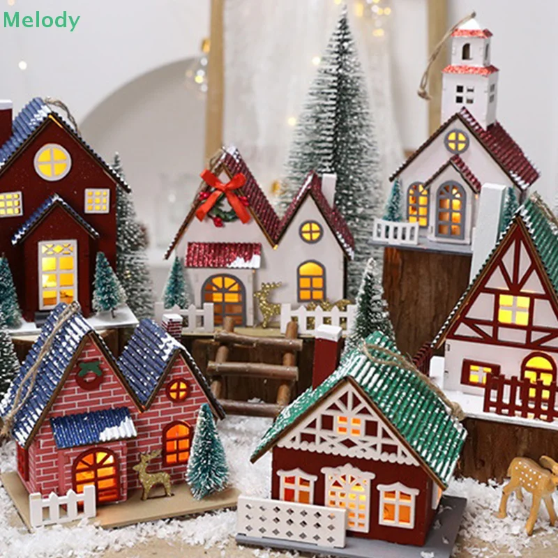 LED خشبية عيد الميلاد منزل صغير عيد الميلاد الثلوج منازل خشبية الشتاء قرية بناء التماثيل الجدول الحلي عطلة ديكور الحفلات