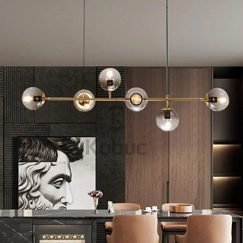 Kobuc Nordic Art Strip Glass Pendant Light Modern Model Room Kitchen Island Glass Ball LOFT Bronze Black Chandelier Hanging Lamp