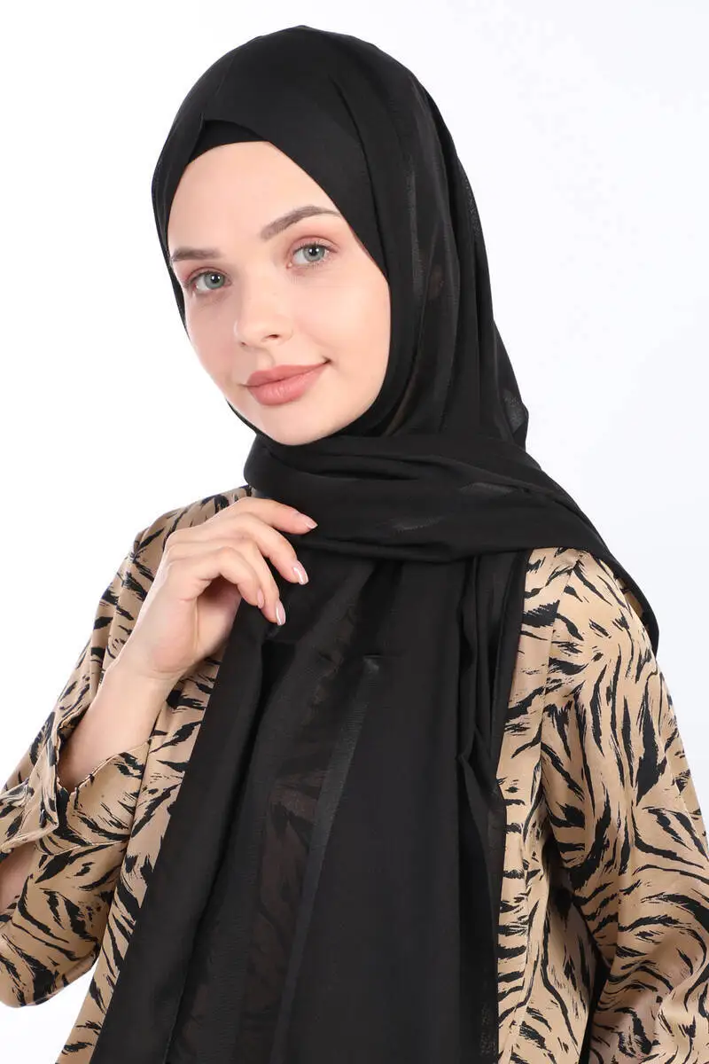 Miray Thick Striped Flush Chiffon Shawl Black