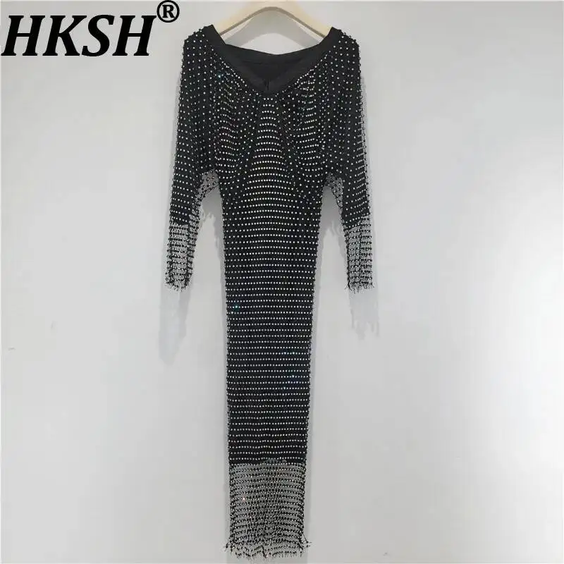 

Женское платье HKSH с V-образным вырезом, длинными рукавами, инкрустацией стразами, нишевый дизайн, элегантное, городское, класса люкс, летнее, 2026 HK22982