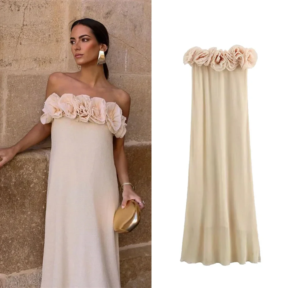 

3D Flower Strapless Long Dress Women Elegant Chic Off Shoulder Tube Dress Party Beach Vacation Robe 2024 Summer Fashion