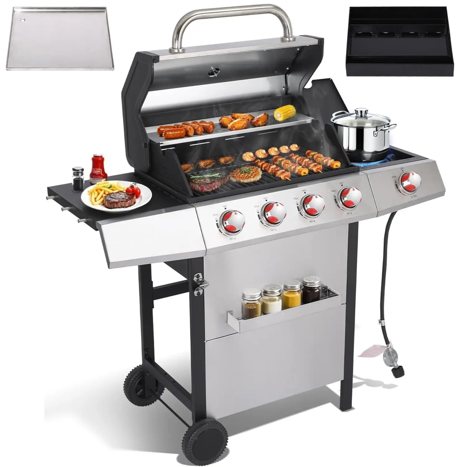

Griddle Grill Combo, Propane Gas and Charcoal Grill Combo, Outdoor BBQ Grills, 4 Burner Propane Stove with Griddle,, Customized