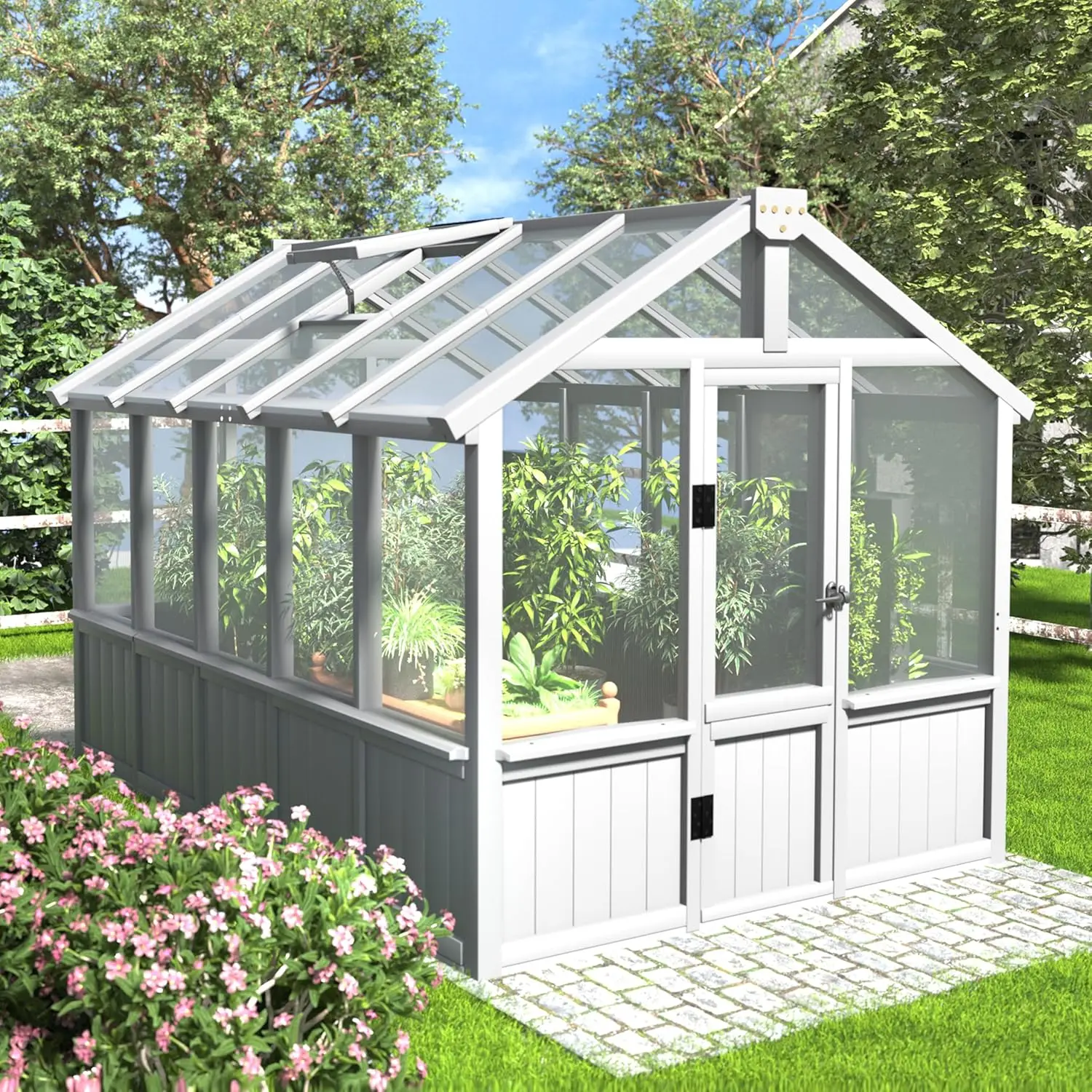 

6x10 FT Cedar Wood Greenhouse Polycarbonate Panels Adjustable Vent Windows Lockable Door Walk In Garden Lawn Backyard, Custom