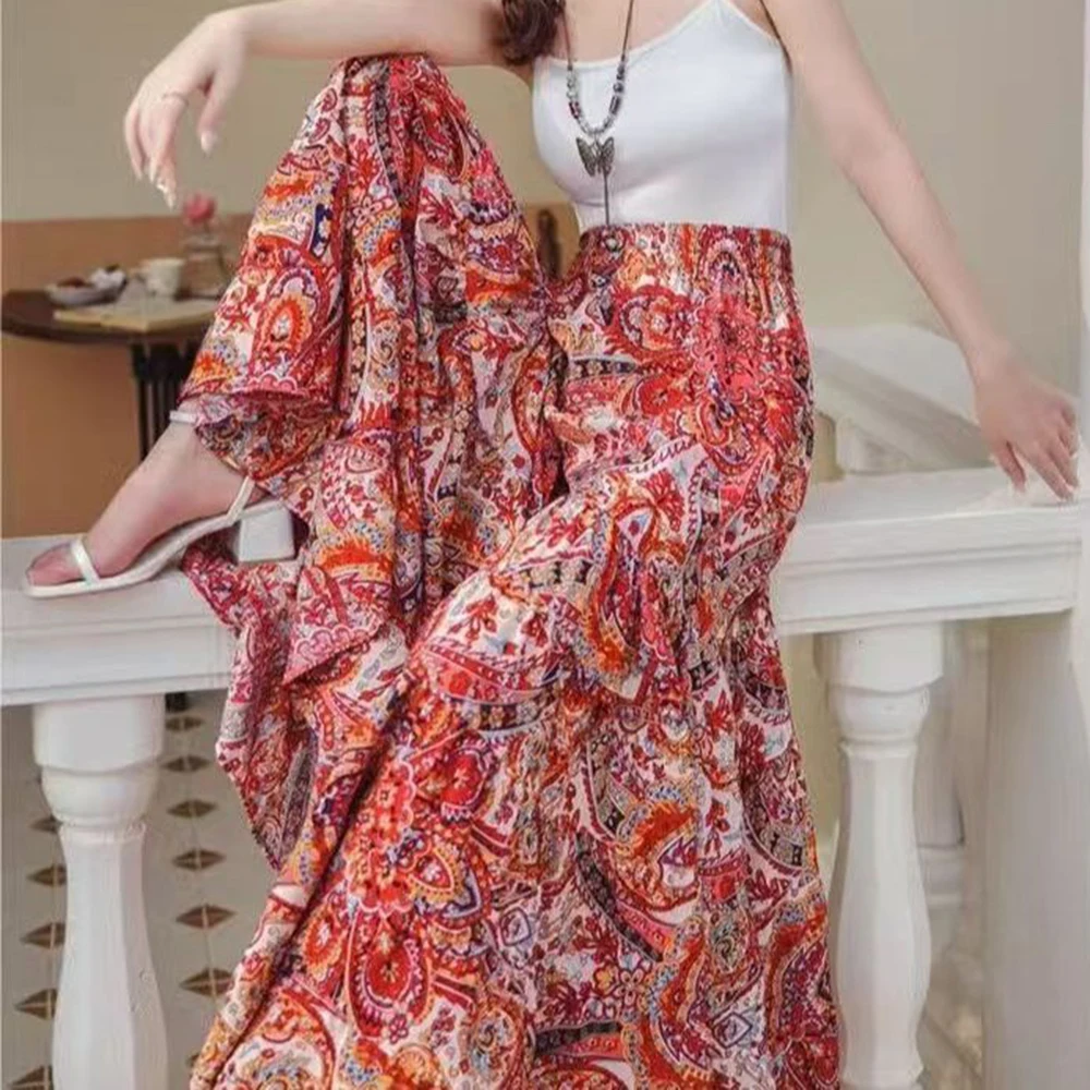 Wide-leg pants summer loose new casual high-waisted trousers beach pants thin printed pants vacation culottes women