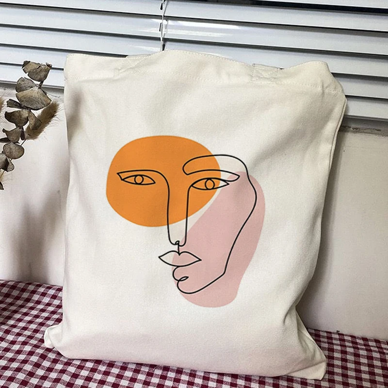 Bolso de mano con estampado artístico para mujer, bolsa de mano de lona de alta capacidad, con estampado de arte de una línea de cara, estilo