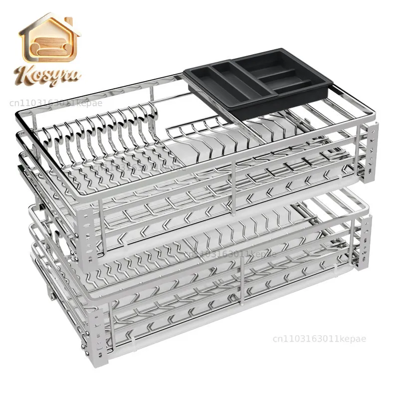 

Yishenglong Pulling Basket Kitchen Cabinet 304 Stainless Steel Double Drawer Bowl Rack Dish Basket Cupboard Kitchen Dish Basket