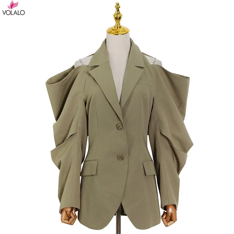 

VOLALO Solid Fold Pleated Women Coat Notched Long Sleeve Gathered Waist Cut Out Women's Blazer 2024 Fashion Clothing New