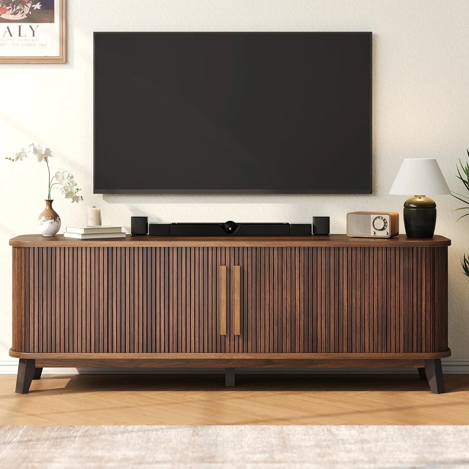 

66" TV Stand for 80 Inch TV, Modern Entertainment Center with Storage Cabinet and Adjustable Shelves, Mid-Century Wood Curved TV