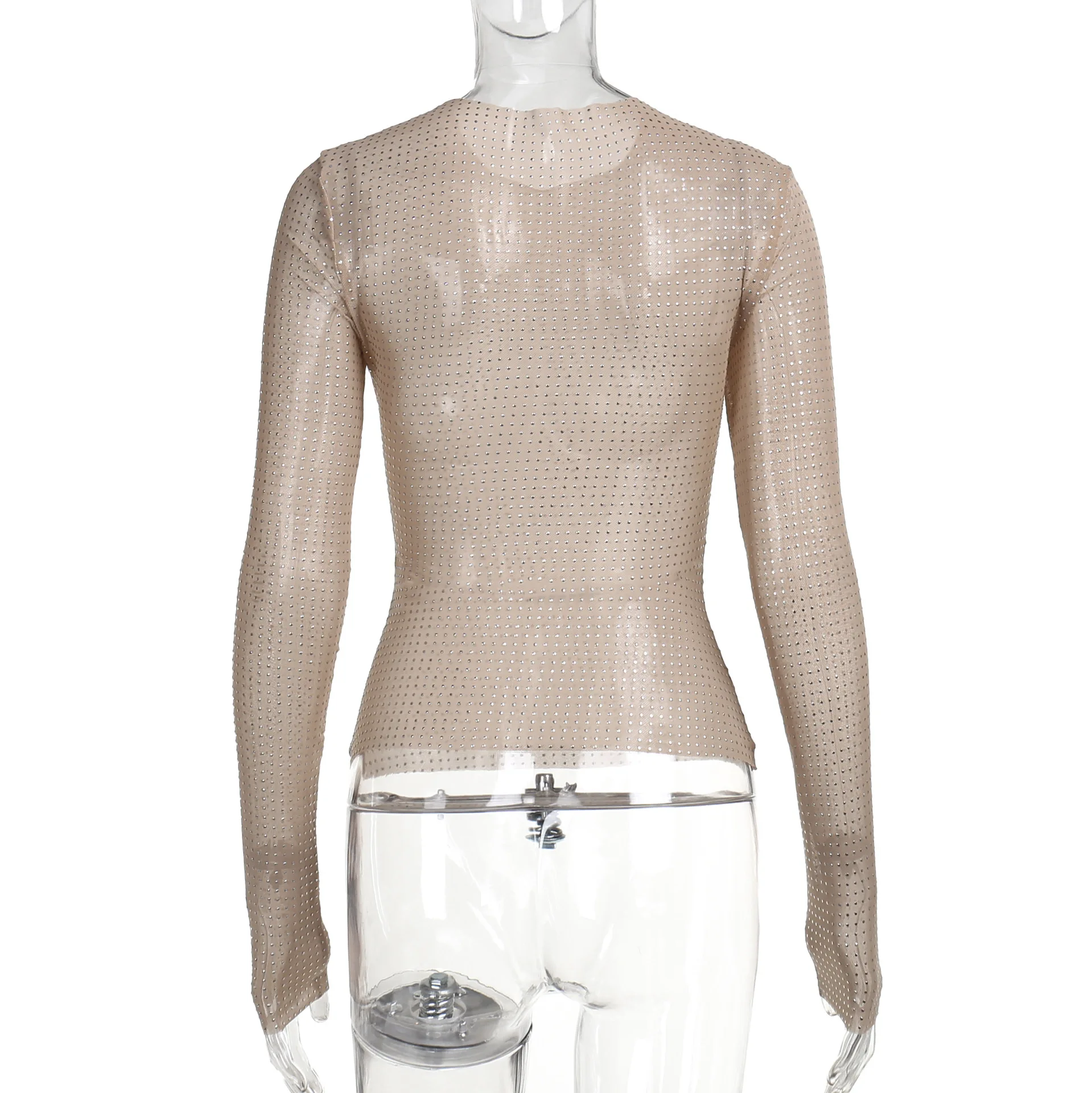 Hot Drill Flesh-colored See-through T Shirt Women Long Sleeve O Neck Loose Tshirt Women Tee Shirt Tops Camisetas Mujer