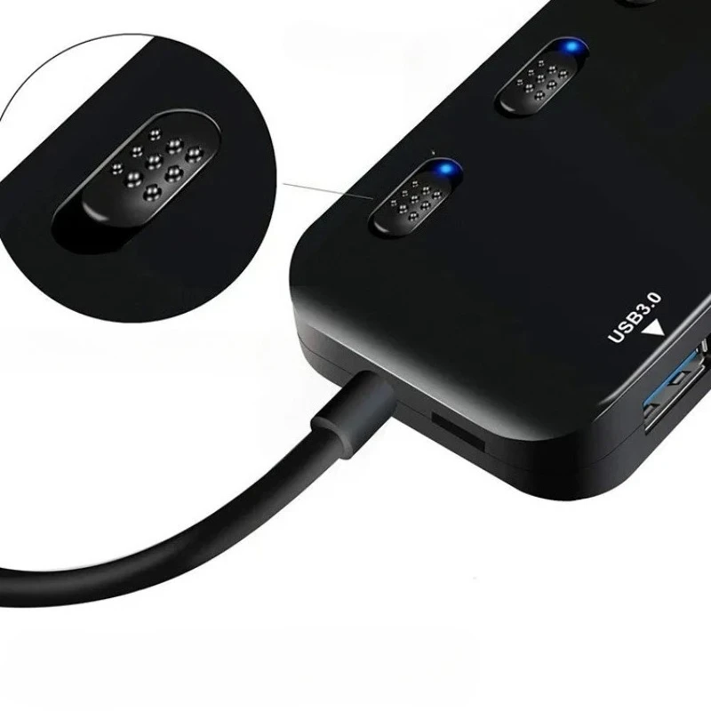 4‑Port USB 3.0 Hub 480Mbps High Speed Splitter Dock with LED On/Off Switch Portable Expander for Laptops Tablets PC Notebook