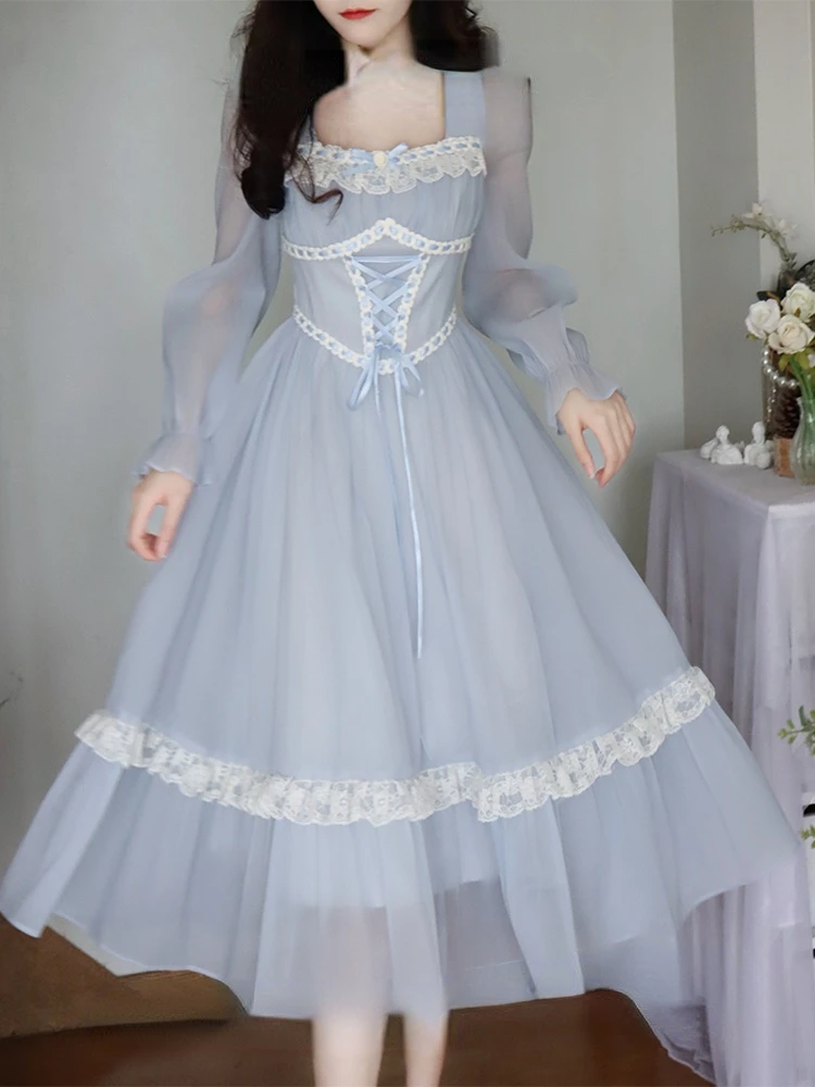 

Blue French Vintage Sweet Dress Women Bow Lace Korean Style Mid Dress Female Long Sleeves Elegant Party Fairy Dress Spring 2023