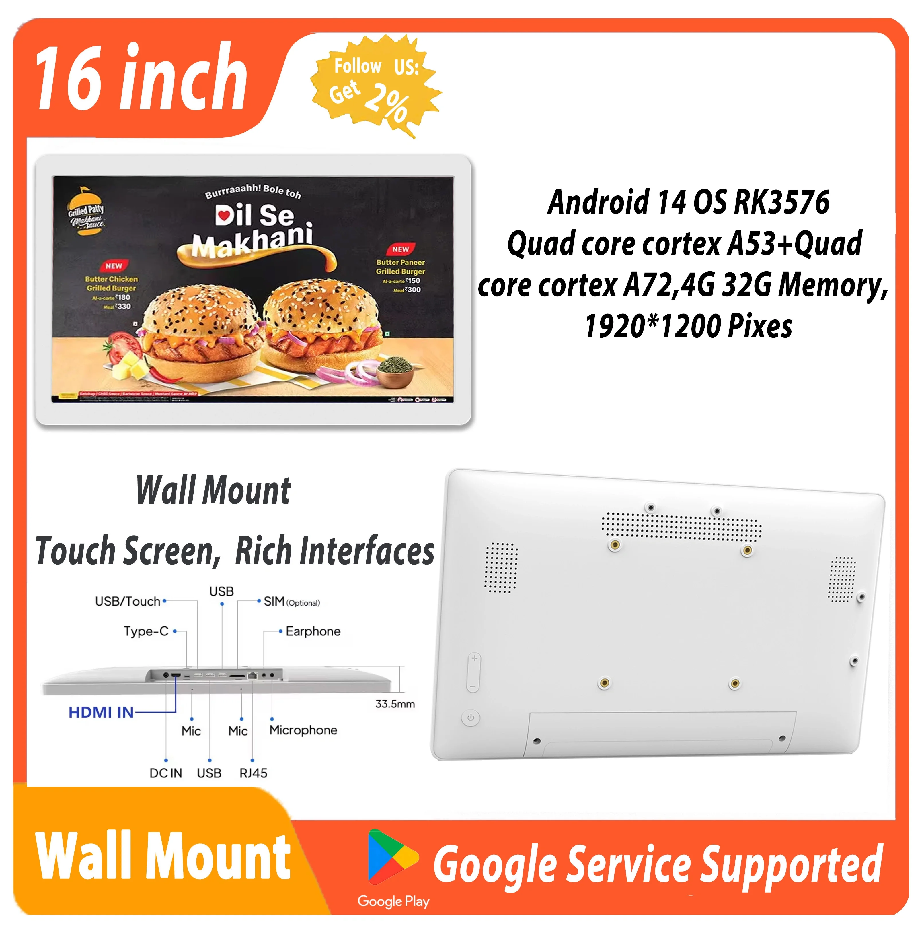 Android 14 16 Inch Tablet 1920*1200 POE Wall-Mounted White Monitor HDMI IN Slim Advertisement TV FHD Video Player