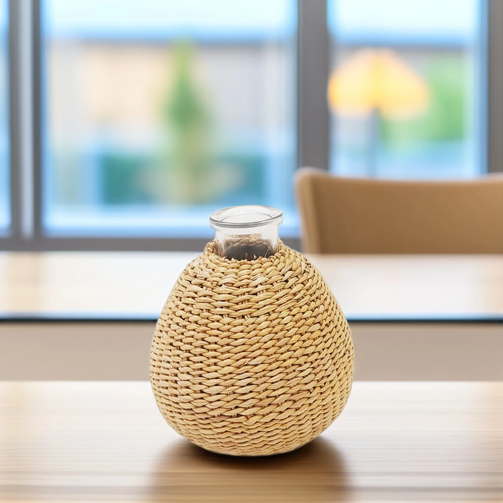 

Woven Rattan Glass Vase Handcrafted Rustic Flower Vase for Home Office Decorative Arrangement Dried Flowers Container