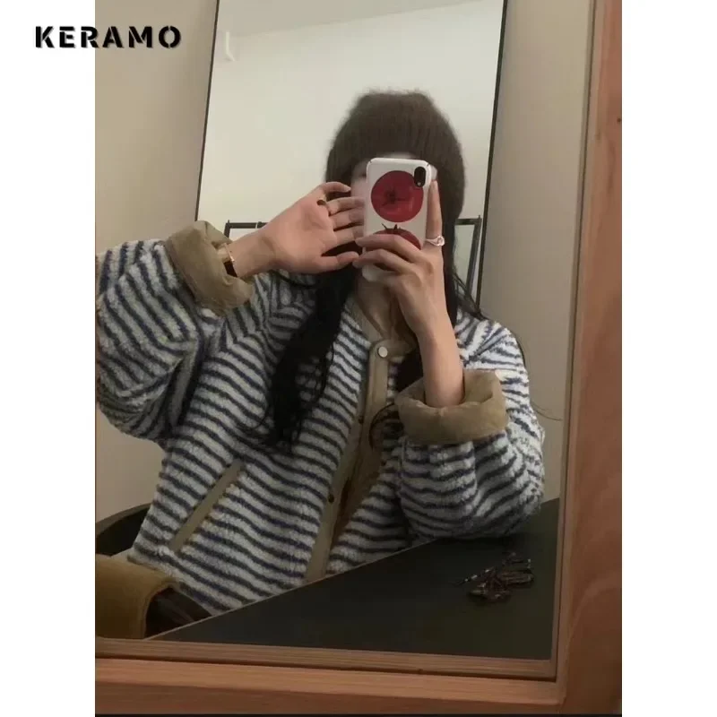 2024 Winter Casual O-Neck Knitting Long Sleeve Cardigans Korean Fashion Women Striped Single Breasted Ladies Striped Sweater