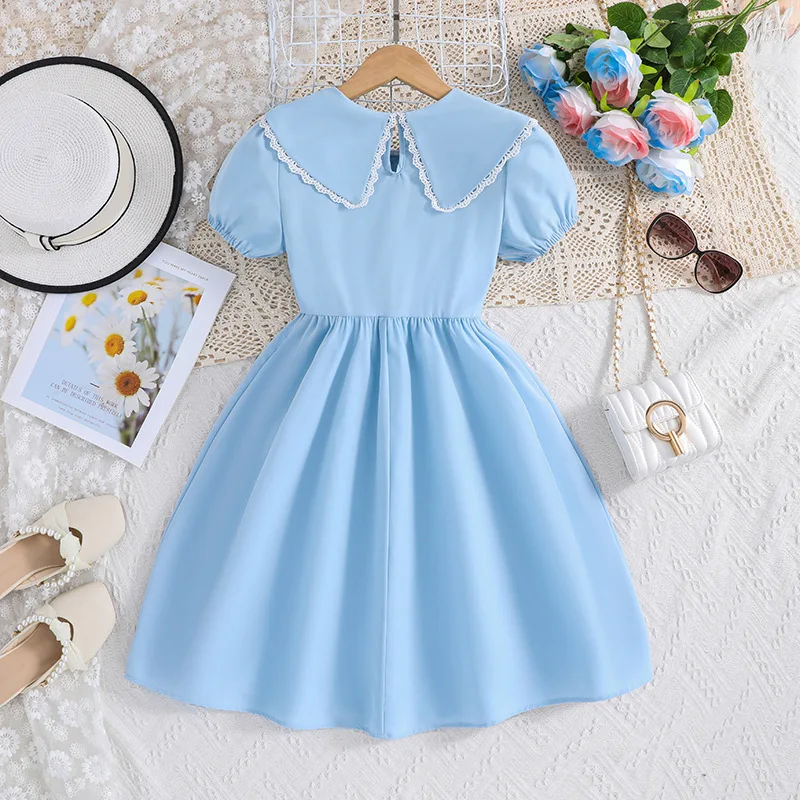 2024 Summer New Arrival Girls Short Sleeve Peter Pan Collar Sky Blue Designer Cute Party Princess Dress Custume 8-12T