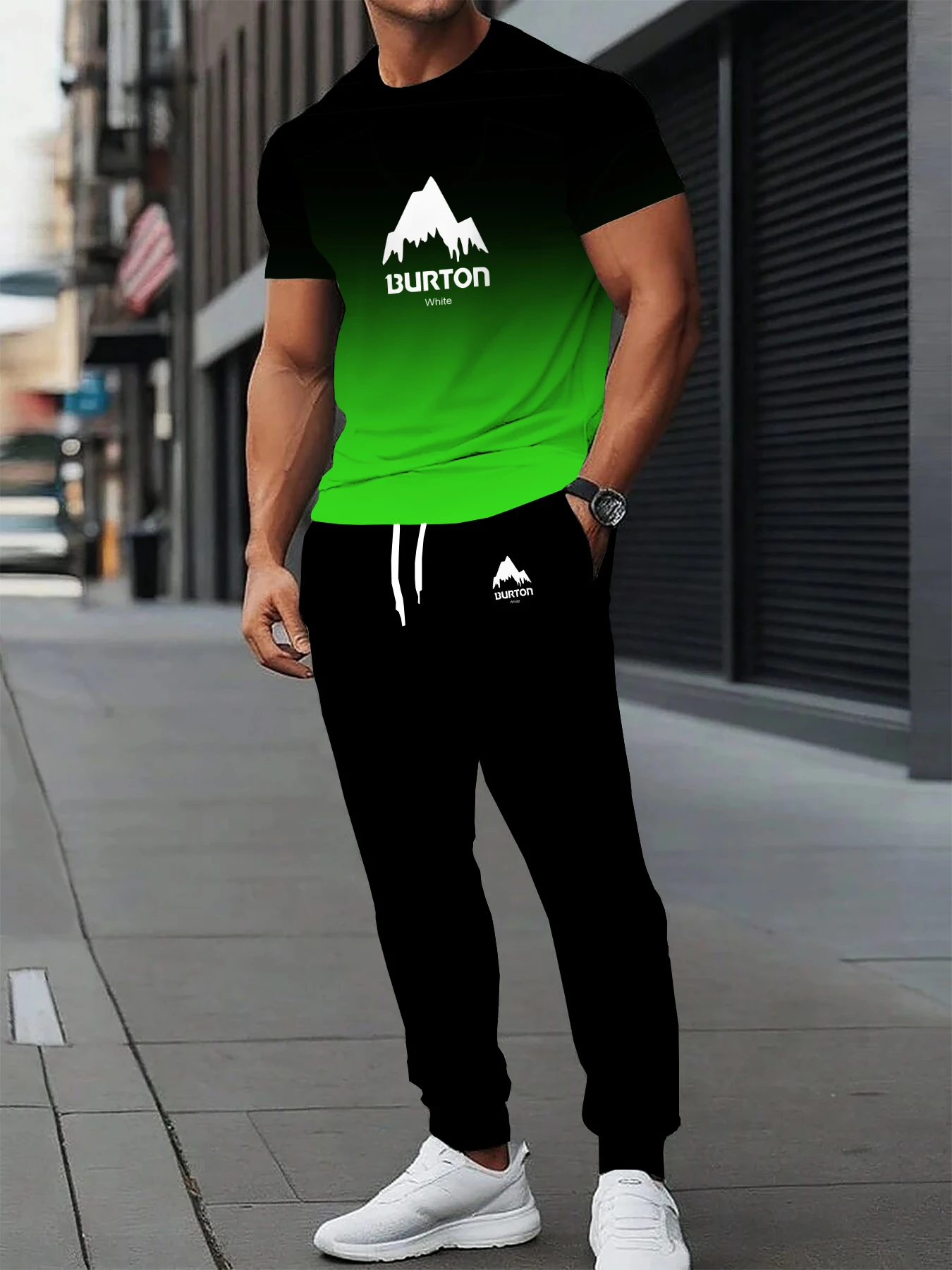 

Summer new men's casual two-piece round neck short sleeved T-shirt and drawstring pants with pockets knitted outdoor sportswear
