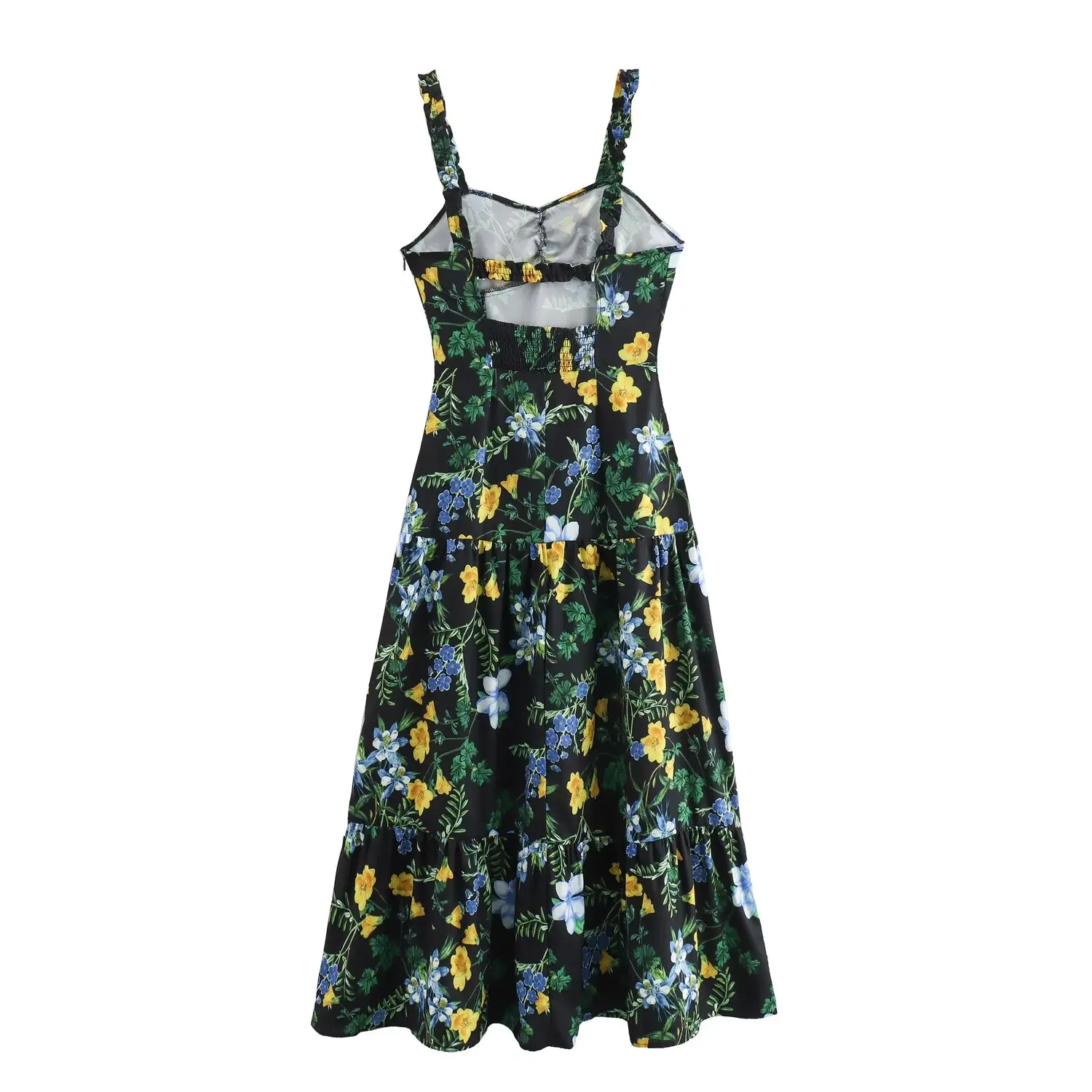 Tangada 2024 Women Flower Print Backless Long Dress Female A-line Dresses QD0109