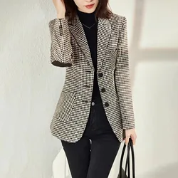 2024 Spring Autumn Casual Houndstooth Blazer Jacket Women Outwear Fashion Mid-Length Slim Oversize 5XL High-End Plaid Suit Tops