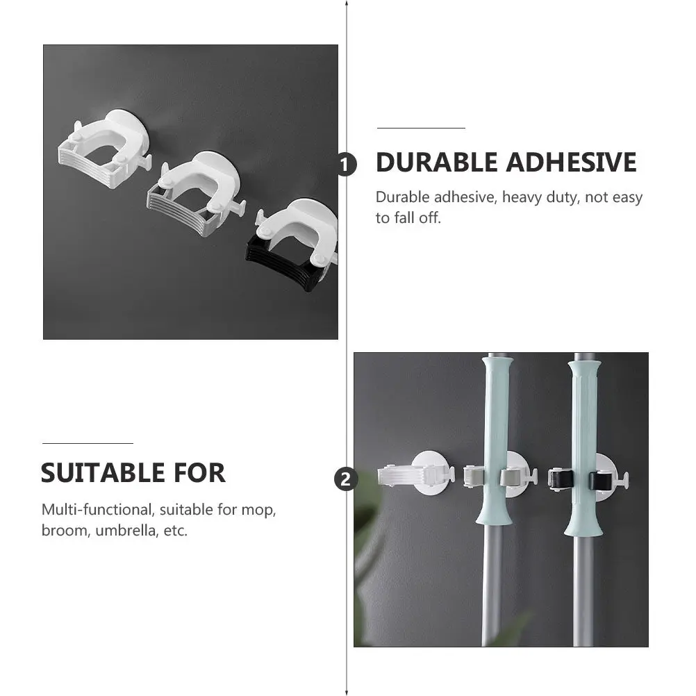 4Pcs Punch-Free Mop Holder Wall Mounted Traceless Adhesive Mop Hook for Broom Umbrella Toilet Brush Home Office Hotel