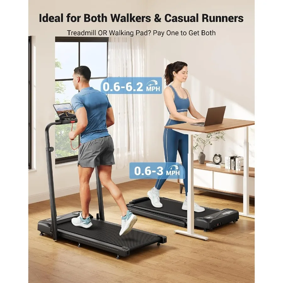 Walking Pad with Handle Bar, 2 in 1 Under Desk Portable Treadmill for Home Office Use, Foldable Steel Frame, Black, Quiet Motor