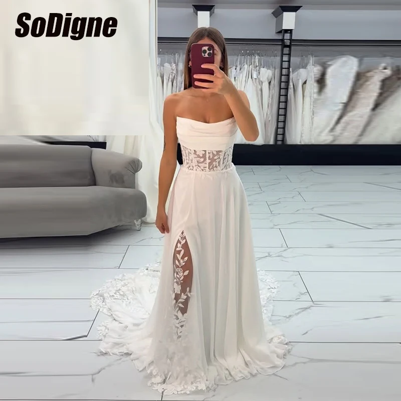 

﻿ SoDigne A-line Chiffon Wedding Dresses Sleeveless Appliques Bridal Dress Beach Long Bride Gown vestidos de novia Customized