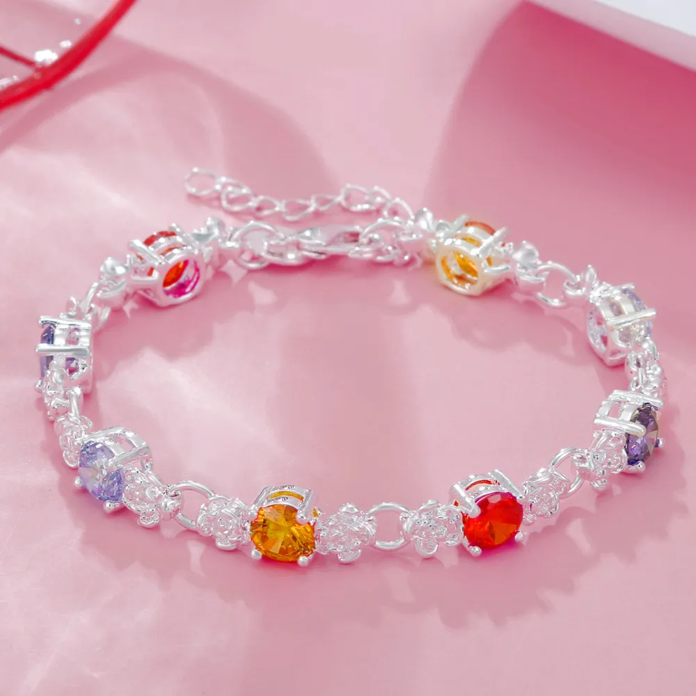 

Korean style fashionable and exquisite wedding party jewelry women's 925 sterling silver chain charm colored zircon bracelet