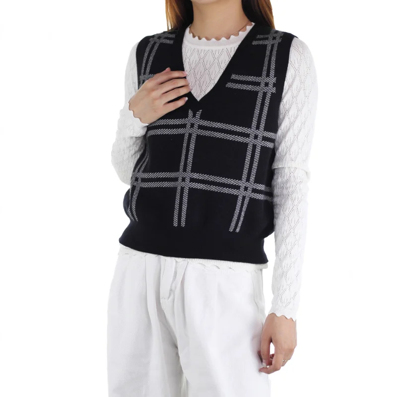 女性のファッションニットセーターベスト秋冬新スタイルアウターウェアインナーウェアノースリーブジレストライプチェック柄Vネックトップ