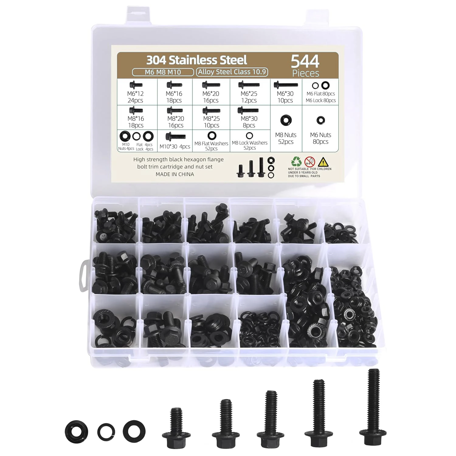 

544 sets of flange hexagonal bolts and nuts, M6, M8, M10 alloy steel, surface black zinc coating, grade 10.9, full coarse thread