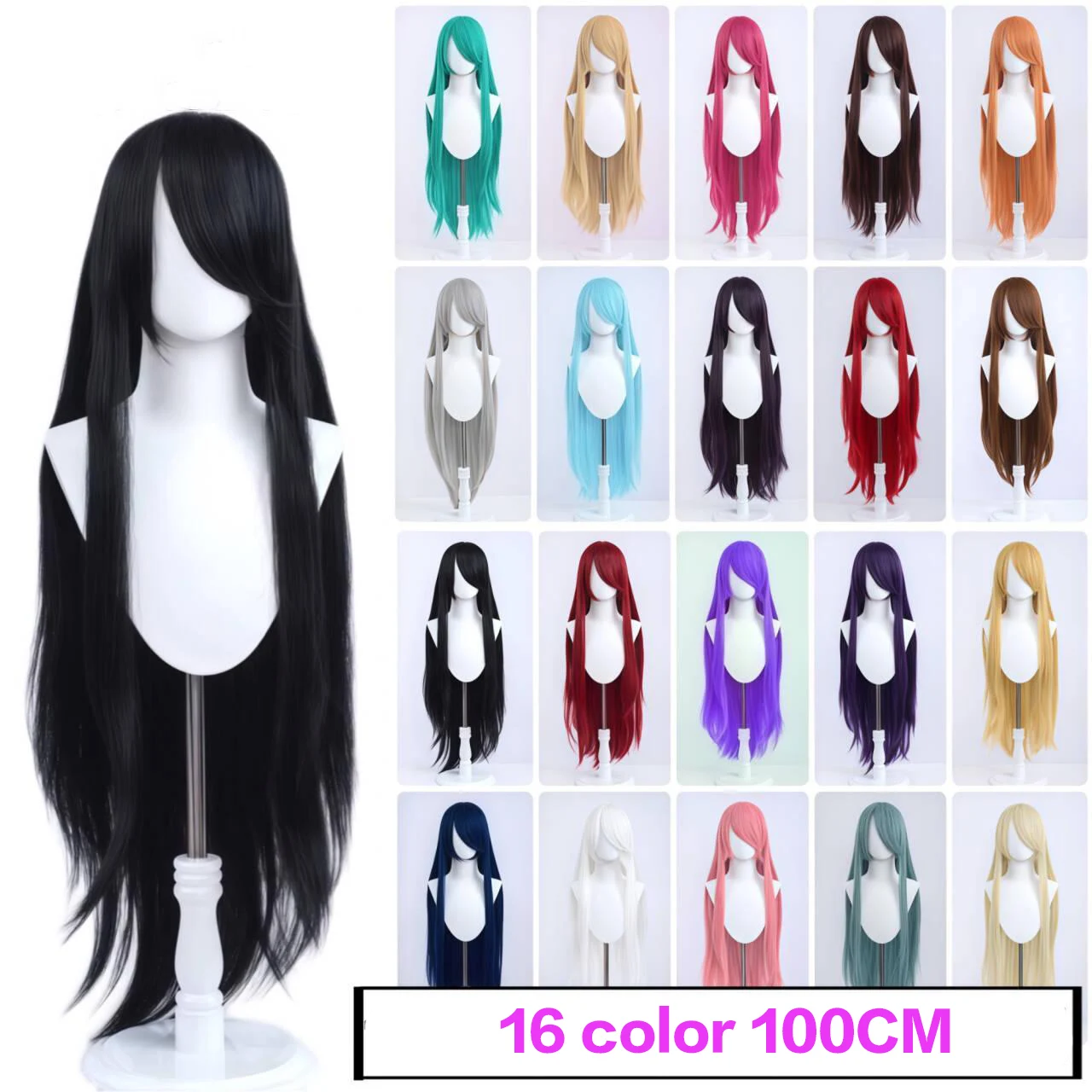 Anime 100 cm lange gerade Cosplay-Perücke, schwarz, weiß, rot, rosa, braun, gold, blau, blond, lila, synthetische hitzebeständige Haarperücken