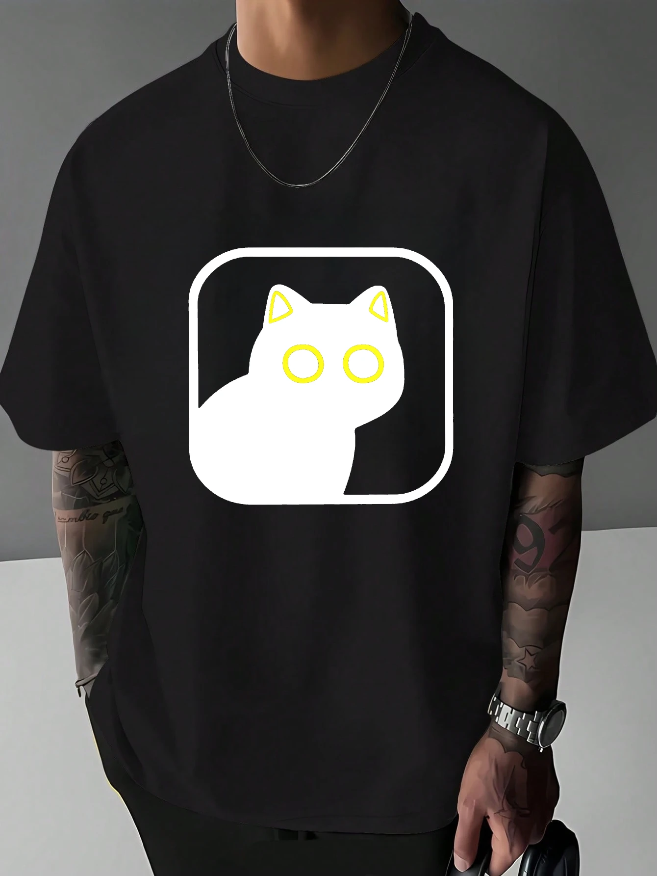 Mens Square Frame Black Cat Graphic T Shirt Minimalist Yellow Eyes Pet Print Short Sleeve Crew Neck Casual Cotton Male Daily Tee