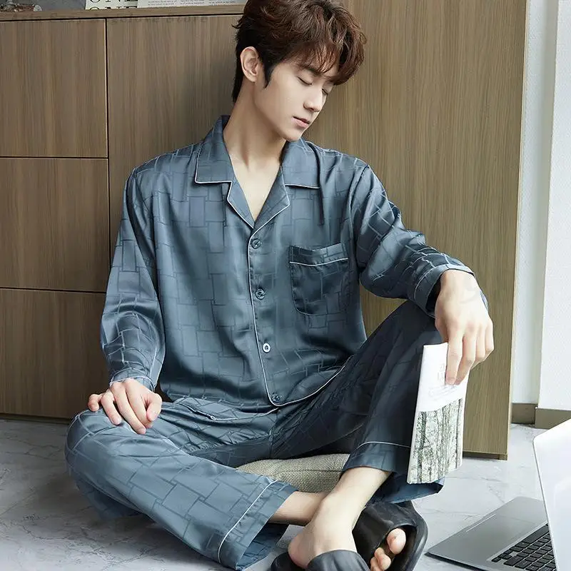 2025 New Sleepwear Long Sleeve Top&Trouser 2PCS Pajamas Set Satin Plaid Nightwear Home Clothes Loungewear Men's Casual Pyjamas