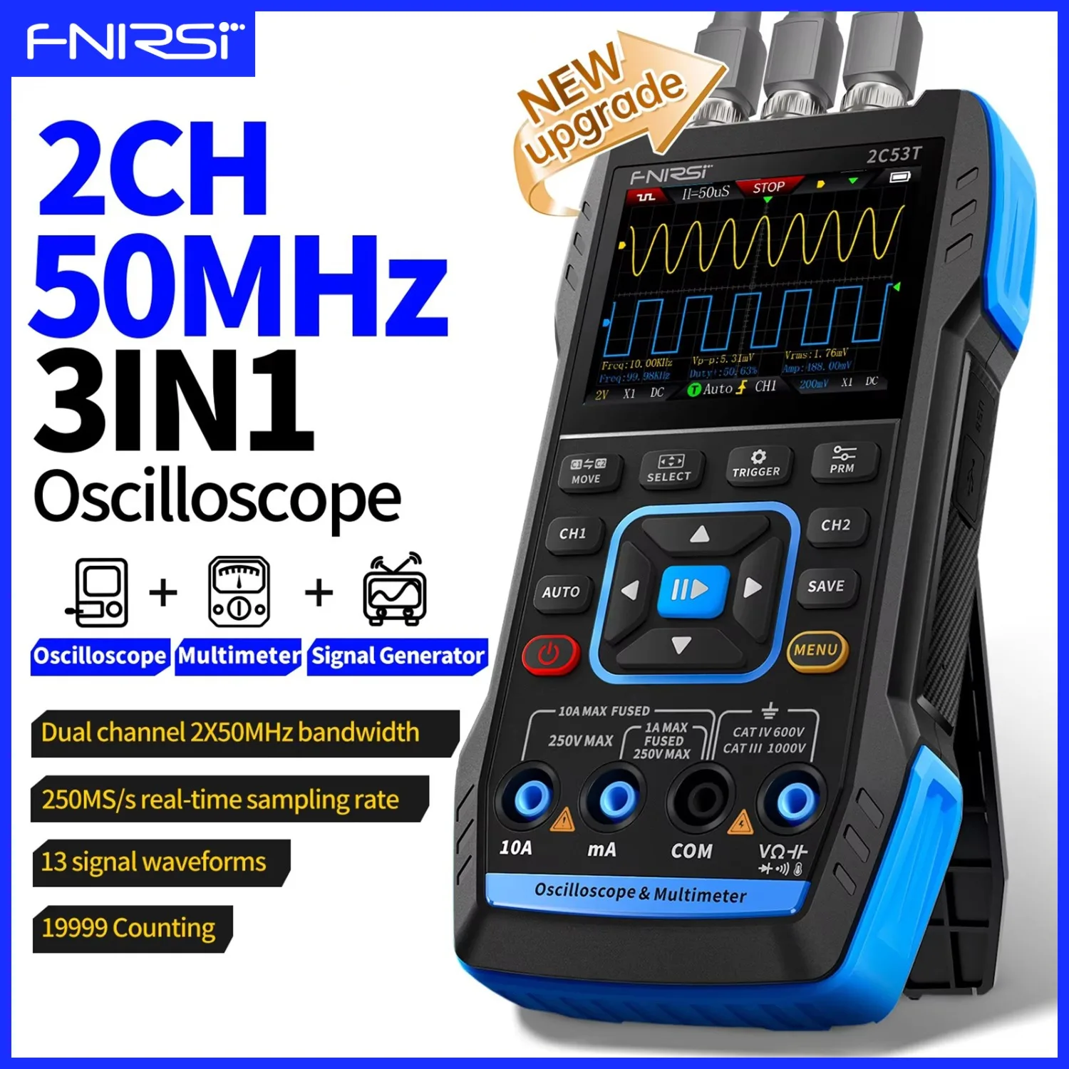 FNIRSI 2C53T Upgrade Handheld Oscilloscope 3in1 Multimeter Signal Generator 50MHz 250MS/s Dual Channel Electronic Repair Tools