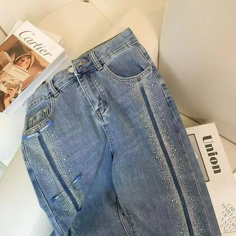 Water Diamond Retro Chinese-style Button-up Jeans for Women Fashion Trend Chinese-style Split Straight Leg Slimming Flared Pants