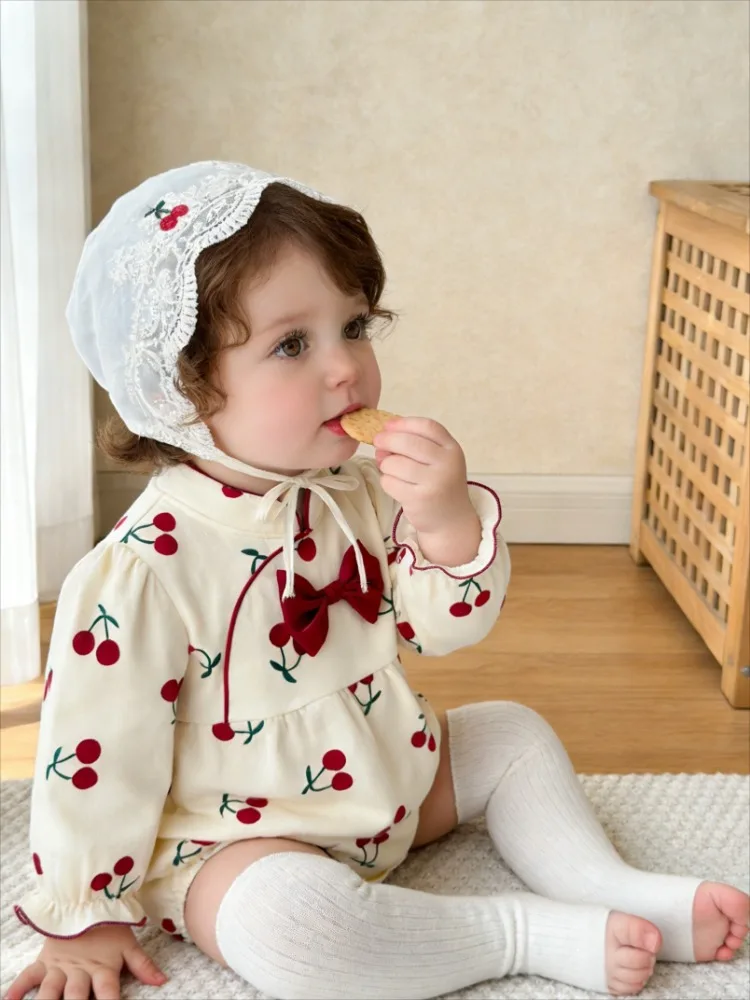 Cute newborn baby cherry print spring and autumn girl baby jumpsuit princess Bow Ha clothes Full Sleeve bag fart clothes