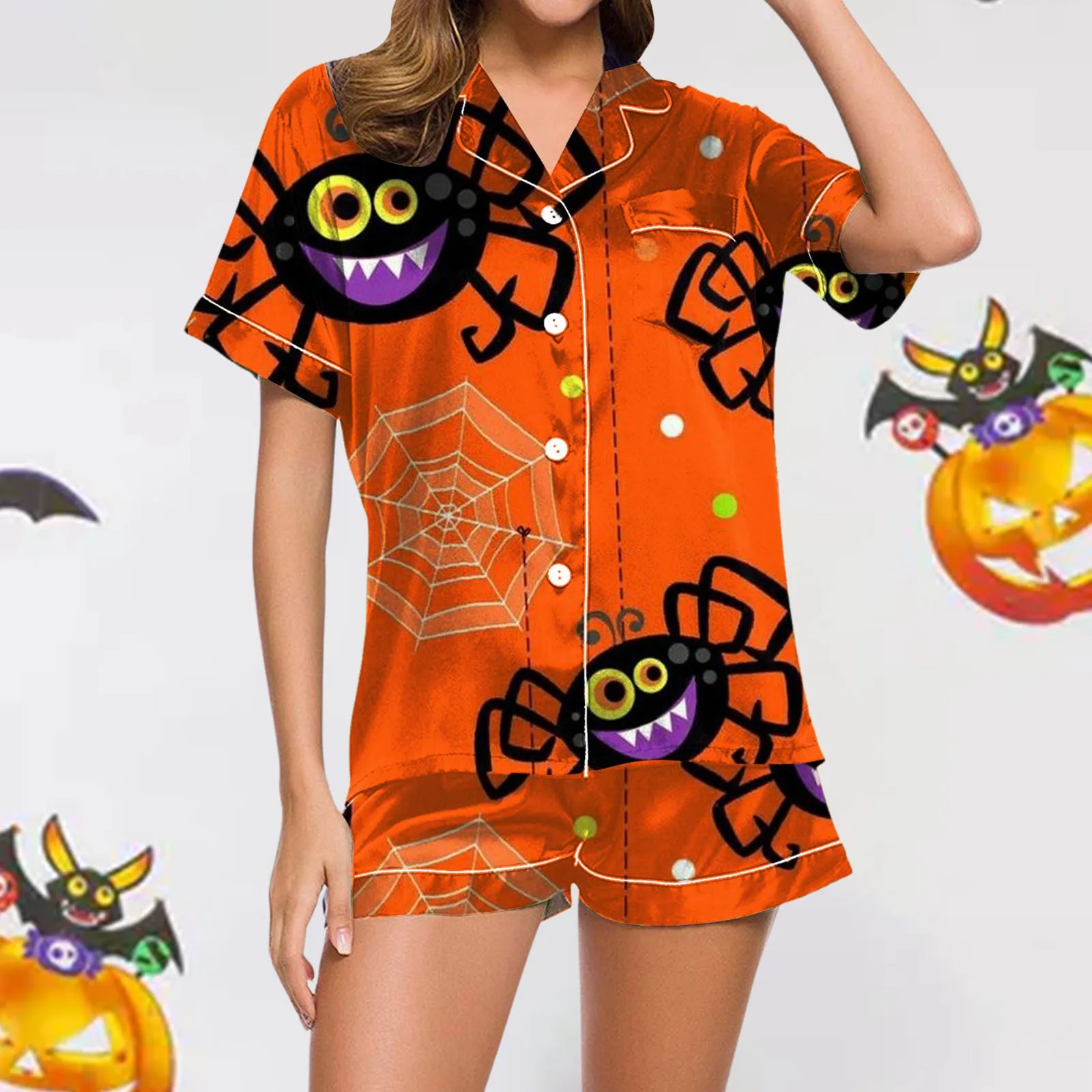 Short Sleeve Button Top Comfy Shorts Sleepwear Halloween Two Piece Pajama Set Women Ghost Pumpkin Graphic Short Pajamas Set