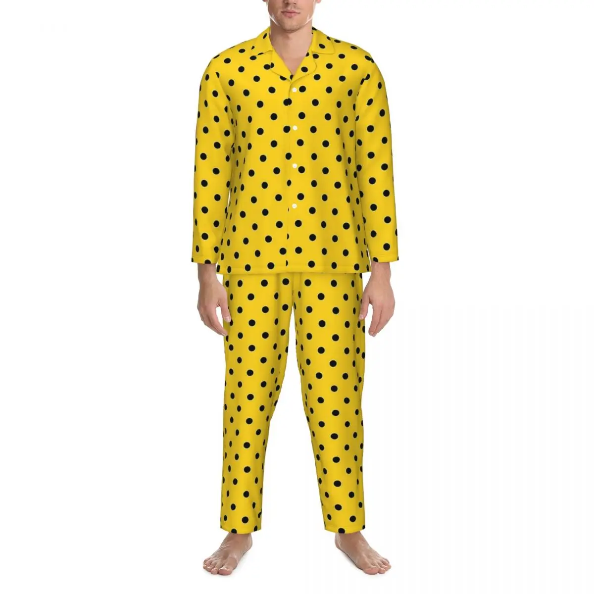 Retro Polka Dots Pajamas Set Autumn Black And Yellow Romantic Room Sleepwear Male 2 Pieces Casual Oversize Graphic Home Suit