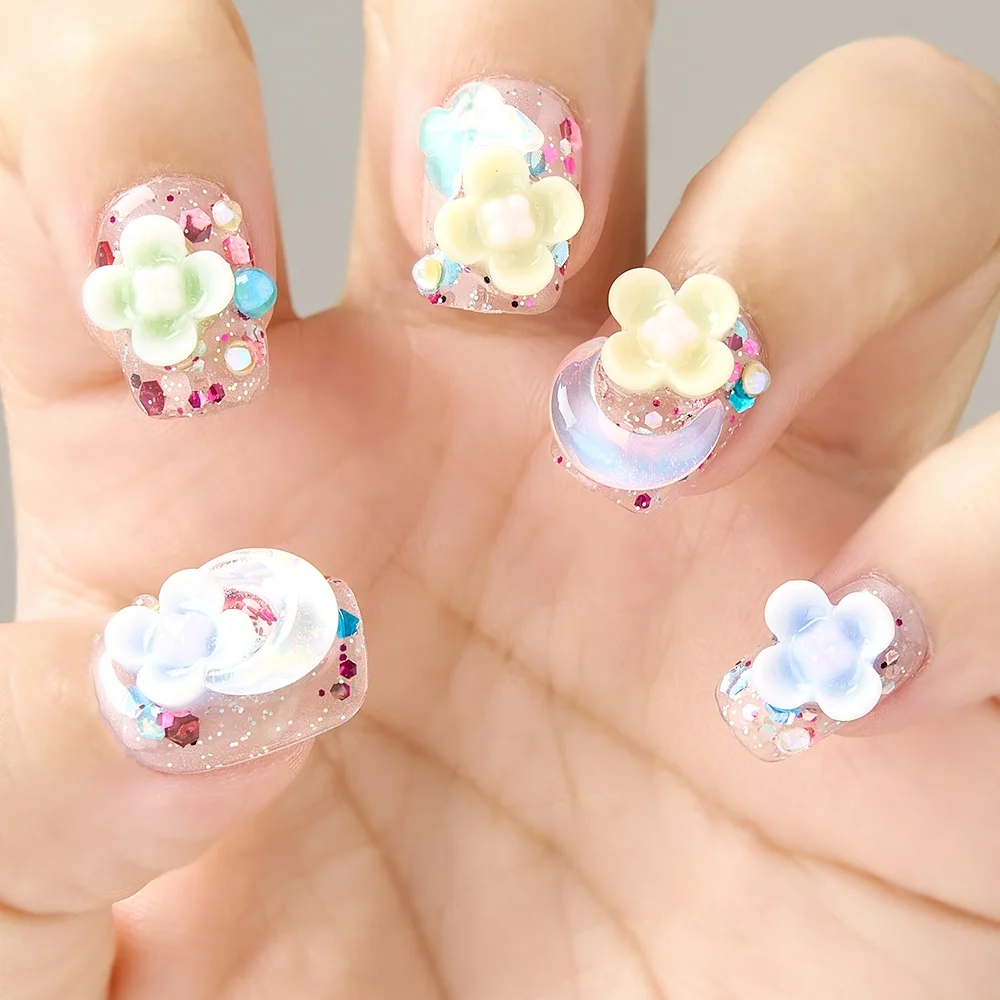 Faux ongles courts à motifs de fleurs de lune, nail art, doux, fait à la main, n64.court, 10 pièces