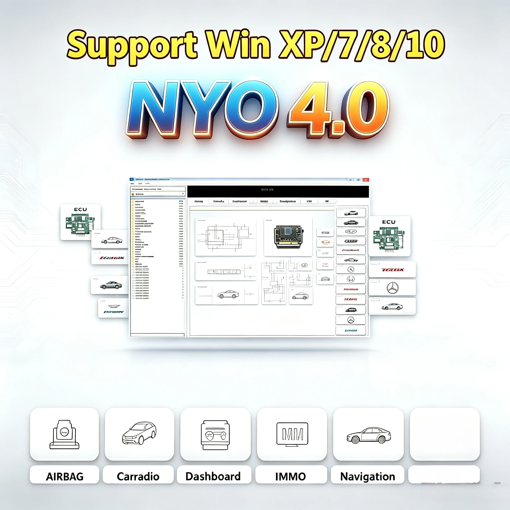 Newest NYO 4 full database safety airbags+dashboard+car radio+IMMO+navigation automatic data repair software support Win7/8/10