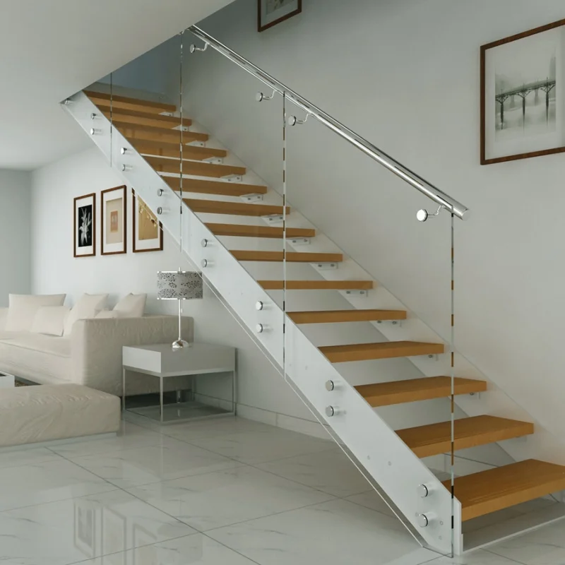 custom.Modern Stairs Glass Railing Wooden Step Double Stringer U Channel Beam Straight Staircase