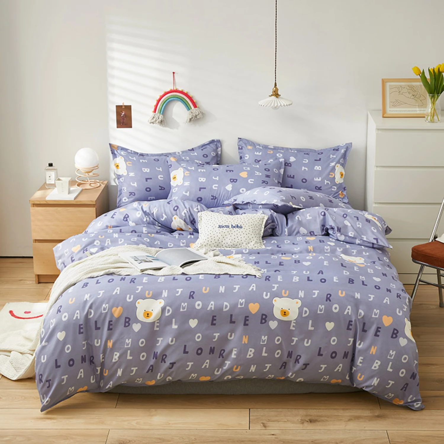 Luxurious and Soft Double Textile Cute Cartoon Duvet Cover Euro Bedding Set with Pillowcases - Size 200x200, Includes Sheet - Co