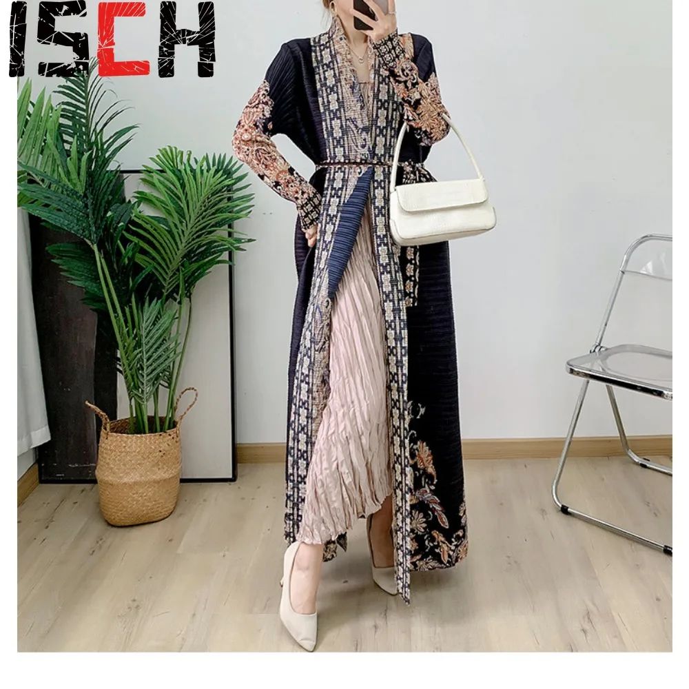 

Pleated Printed Long Trench Coat Jacket Women's Elegant Loose Large Size Middle East Cardigan Long Gown Holiday Dress Cardigan