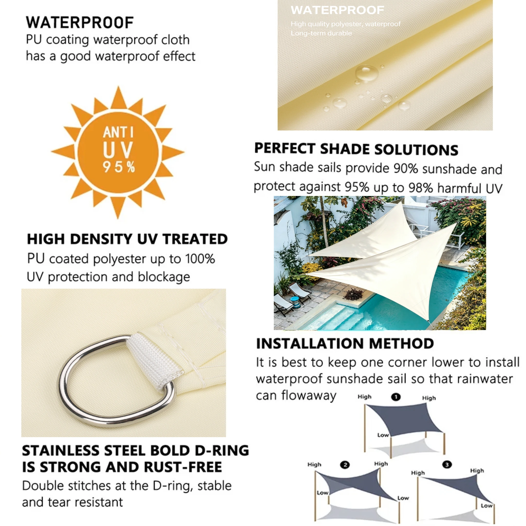 Triangle Sun Shade Sail Waterproof UV Block Shelter Canopy Sunshade Cloth for Patio Garden Backyard Pergola Pool Sun Protection