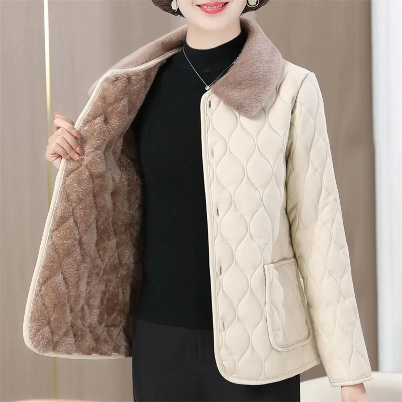 Chaqueta de lana de cuero PU para mujer, abrigo corto, prendas de vestir de mediana edad exteriores, Tops cálidos delgados, chaquetas acolchadas de algodón peludo, Invierno