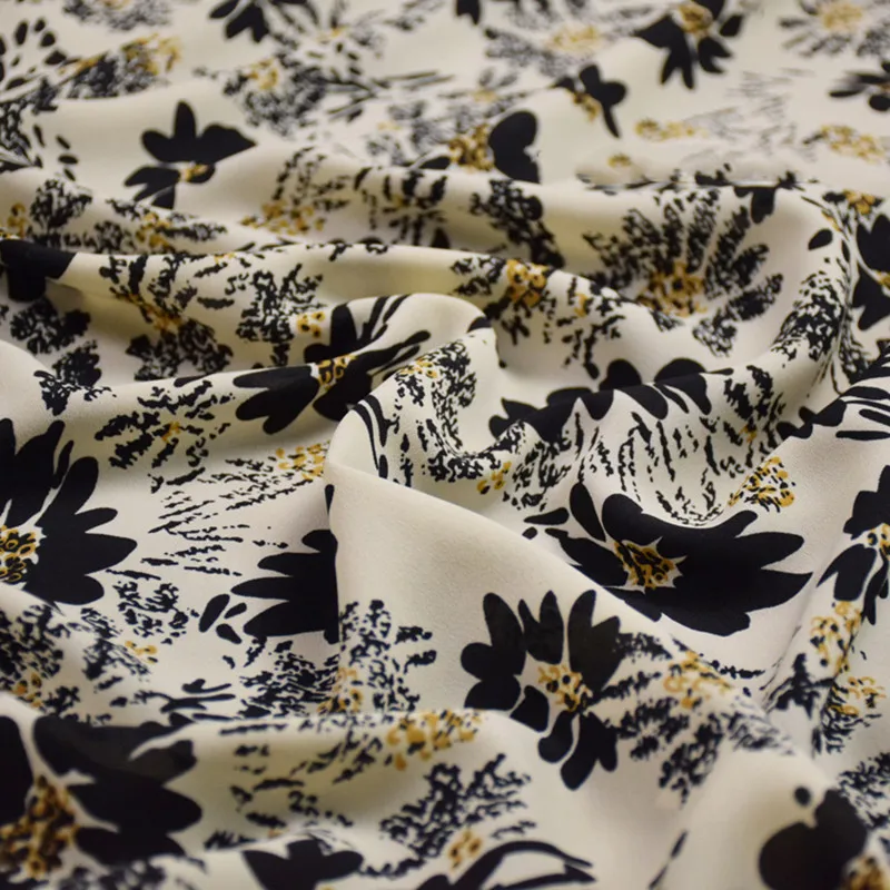 Half Meter Beige Bottom With Retro Black Flower Print Chiffon Fabric For Spring Summer Shirt Dress Cheongsam Scarf Material