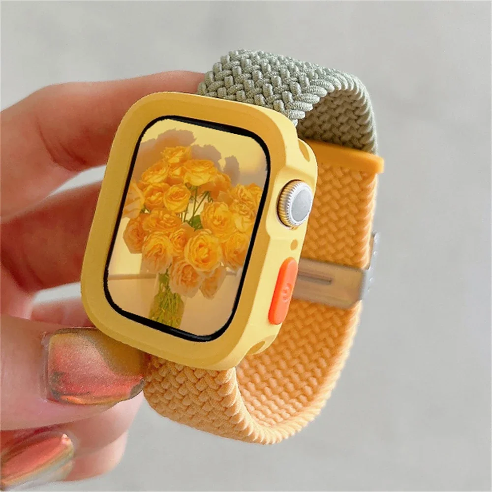 Korean Cute Braided Strap + Case For Apple Watch Band 44 40 45 41 49 MM Elastic Nylon Bracelet For iWatch Series 9 8 SE 7 6 5 4