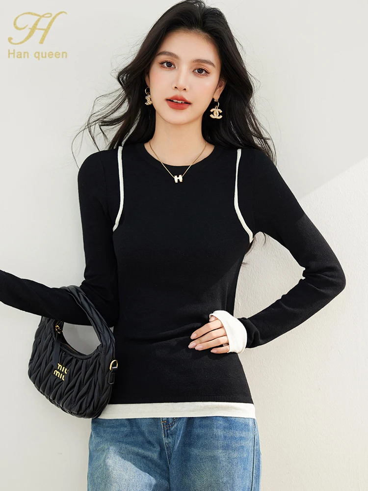 

H Han Queen Autumn Winner Tops Long Sleeve T-Shirt Women's Clothing Fashion Knitwear Color Blocking Chic Vintage Casual Tee