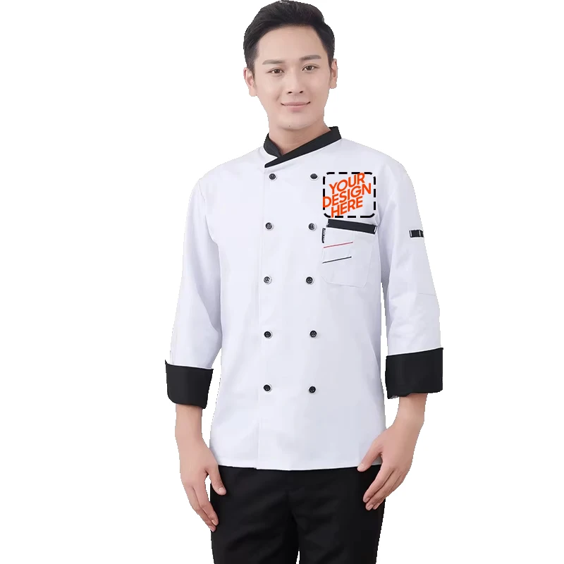Custom Logo Men Chef Jacket Tunic Workwear Kitchen Coat Autumn Catering Uniforms with Hat for Restaurant Cooks