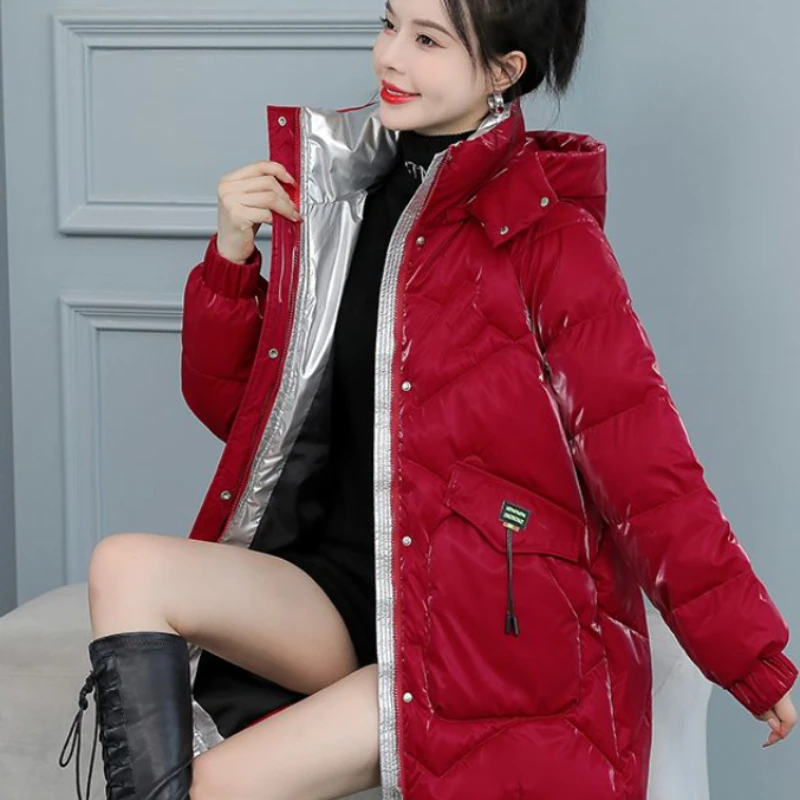 

2023 New Women Down Cotton Coat Winter Jacket Female Parkas Mid Length Version Hooded Brightening Letters Loose Overcoat