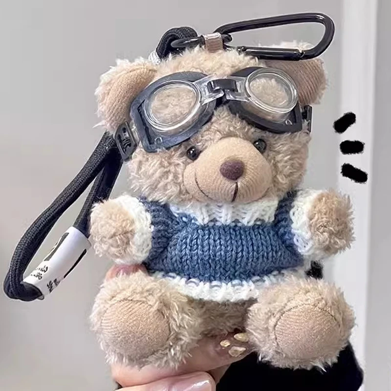Lovely Cartoon Small Bear Plush Cool Keychain Toy Brown White Bear Clothes Glasses Bear Doll  Idear Gift For Couple Bag Pendant